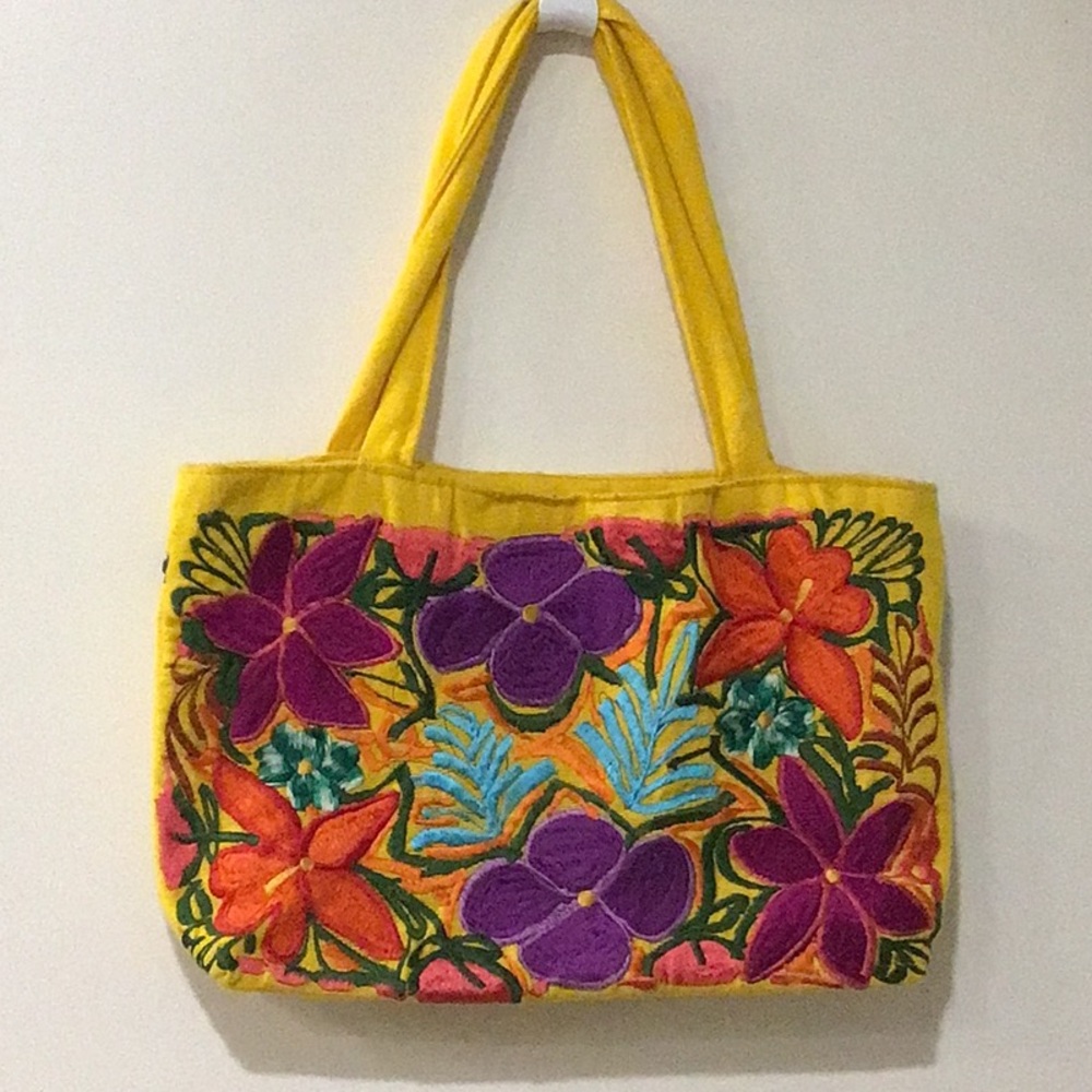 Floral Embroidered Yellow Tote Bag